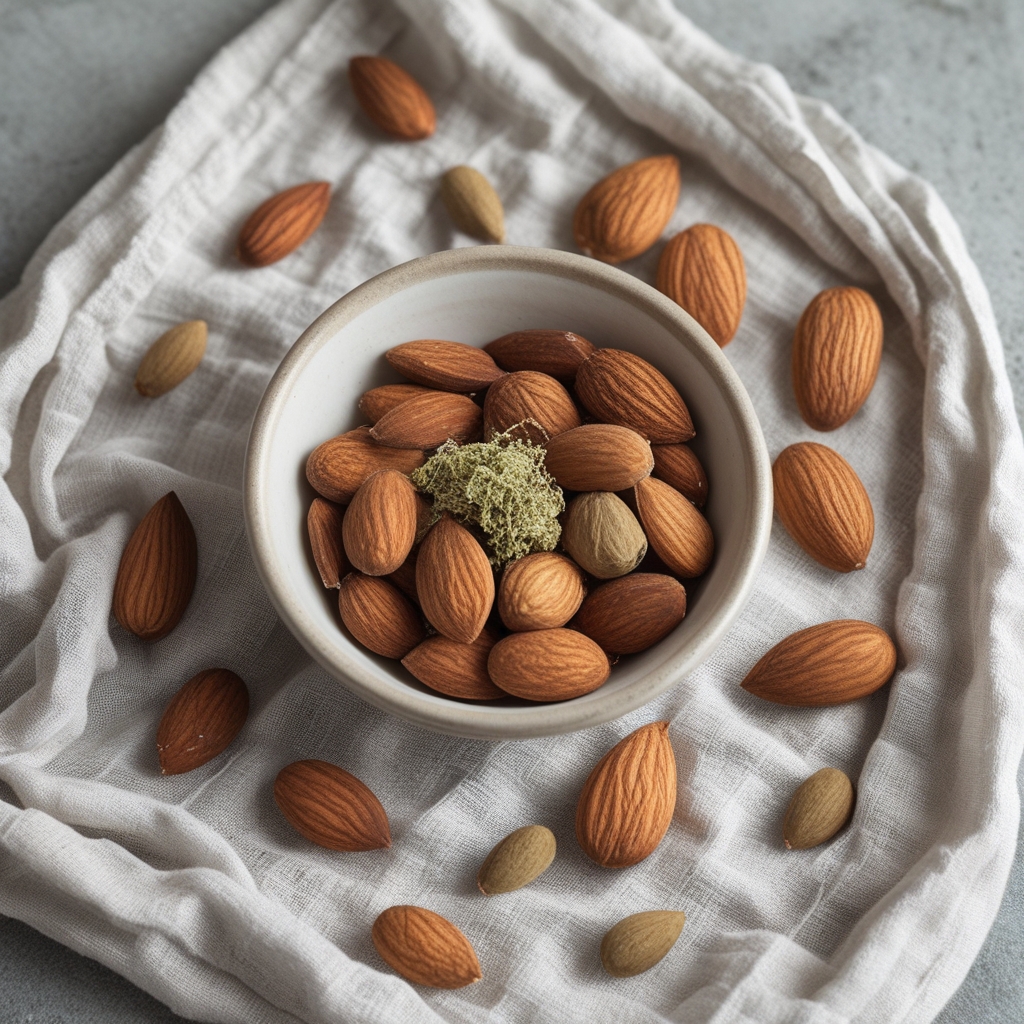 Berbagai biji-bijian, kacang-kacangan, dan bahan mineral alami seperti biji labu, almond, kenari, dan biji bunga matahari ditata dalam mangkuk keramik kecil di atas kain linen alami